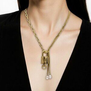 Stainless Steel Gold-Plated Pearl Necklace with Authentic Louis Vuitton Padlock